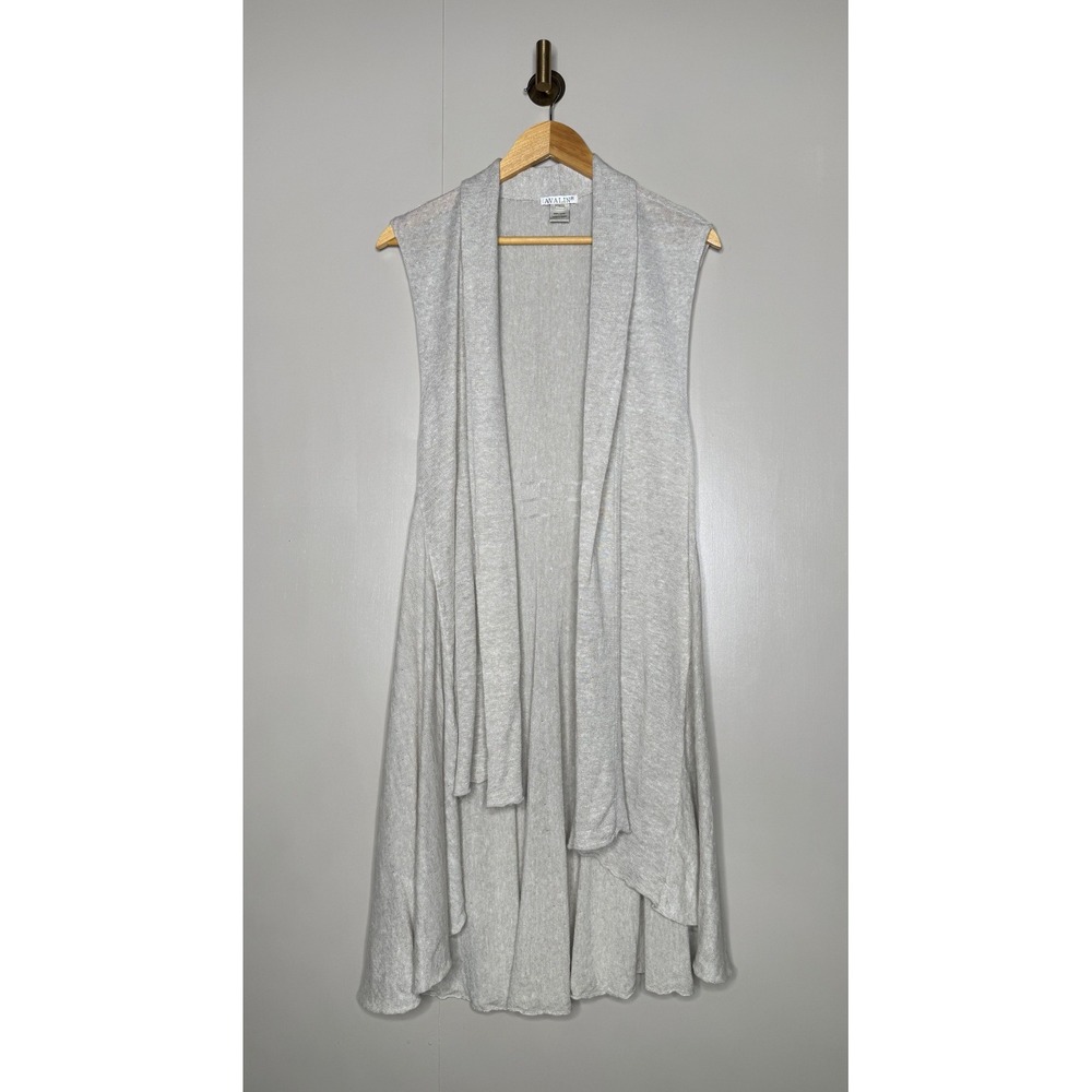 Avalin Gray 100% Linen Sleeveless Open Front Draped Waterfall Vest Cardigan L